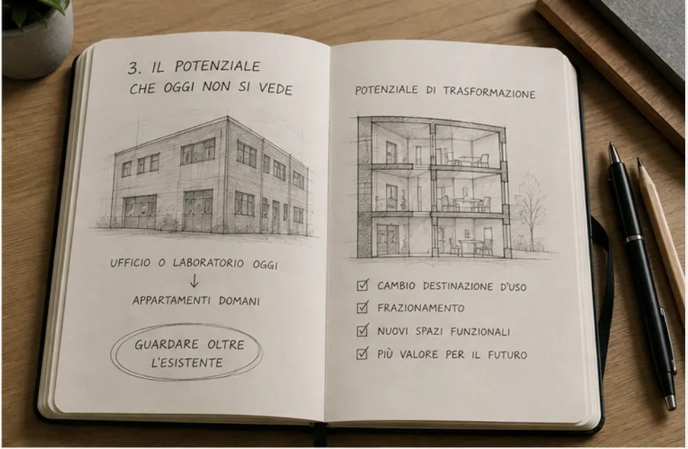 Schizzo di architetto: potenziale di trasformazione di un vecchio ufficio in appartamenti — casaREnova