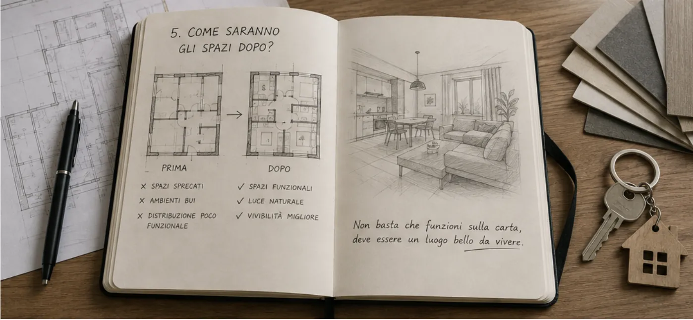Schizzo di architetto: gli spazi di un appartamento prima e dopo la ristrutturazione — casaREnova